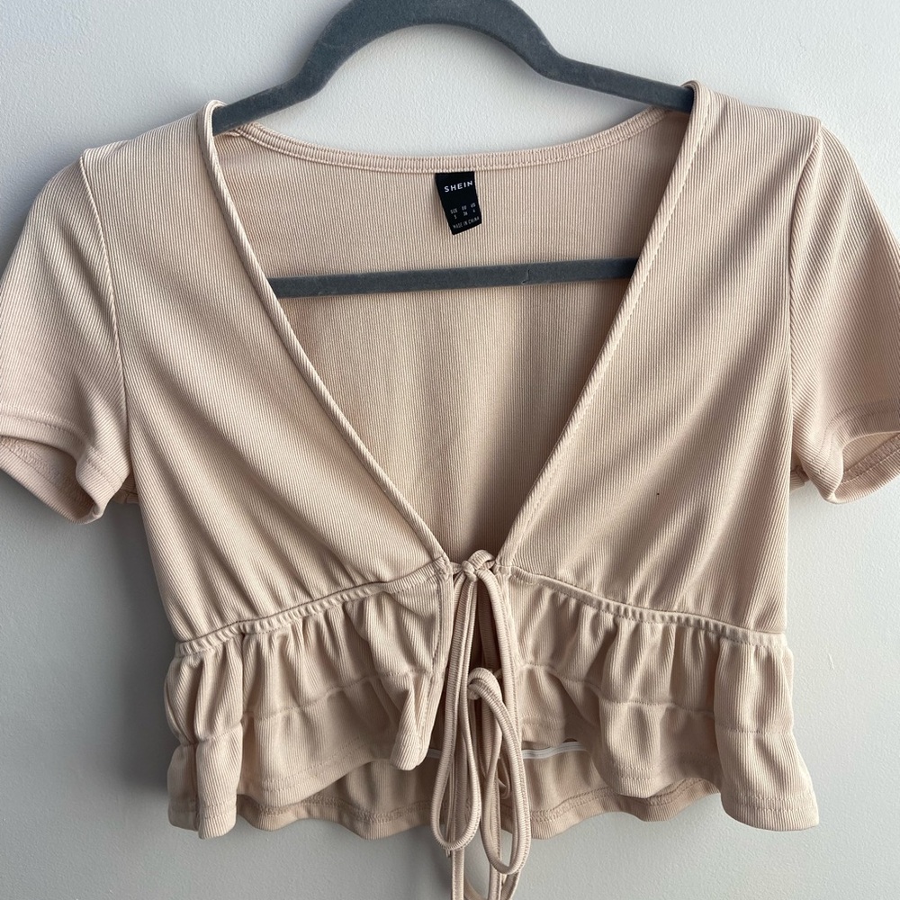 SHEIN Tan Tie-Front Ruffled Blouse